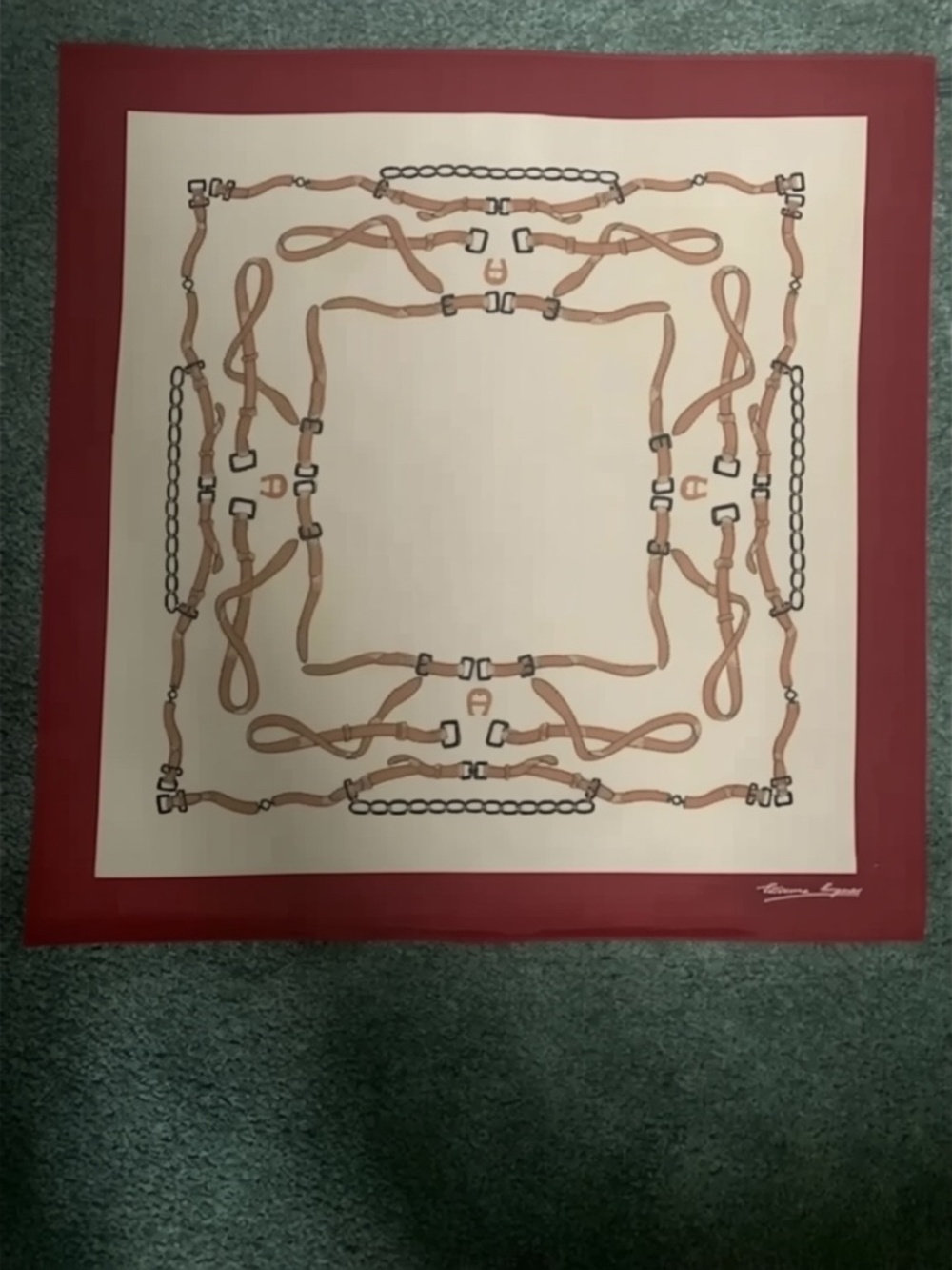 Etienne Aigner Burgundy and Tan Belt Silk Square Scarf 25x 25